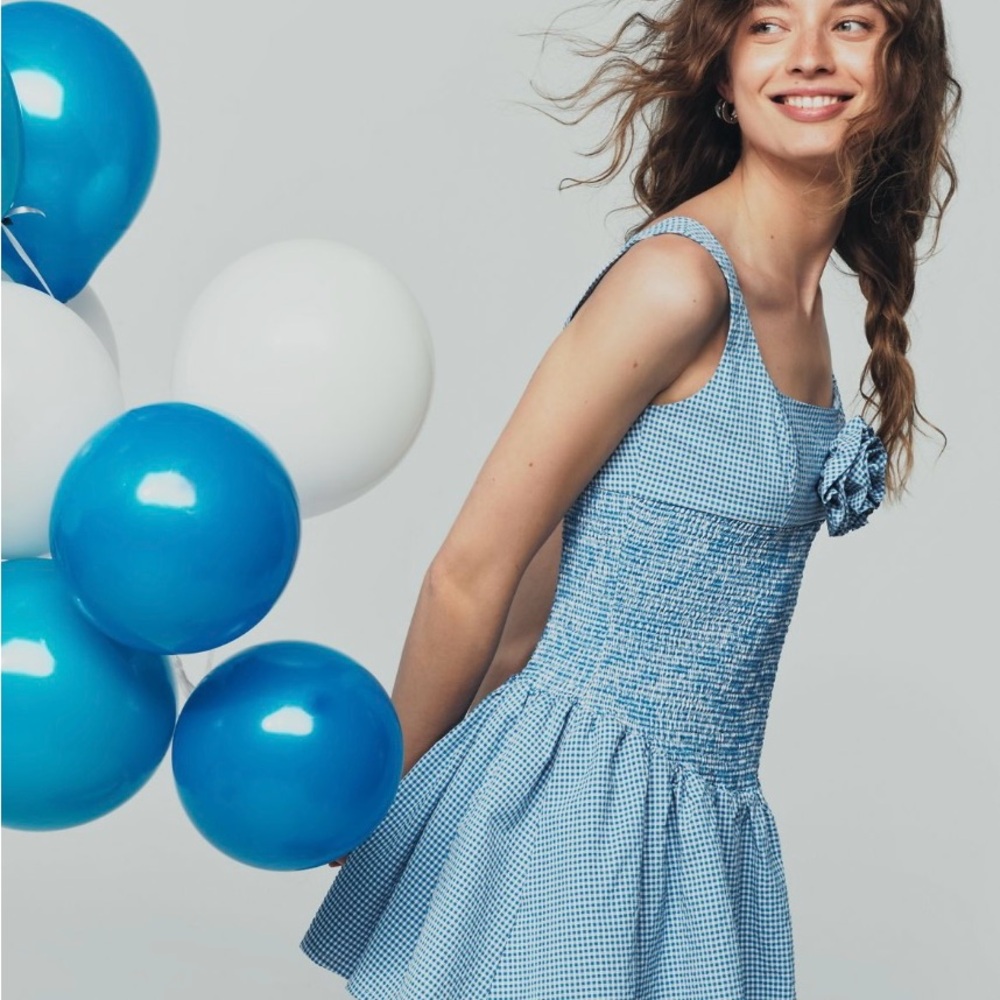 NWT $158 Sold Out XL Maeve Anthropologie Blue Gingham Rosette Smocked Dress